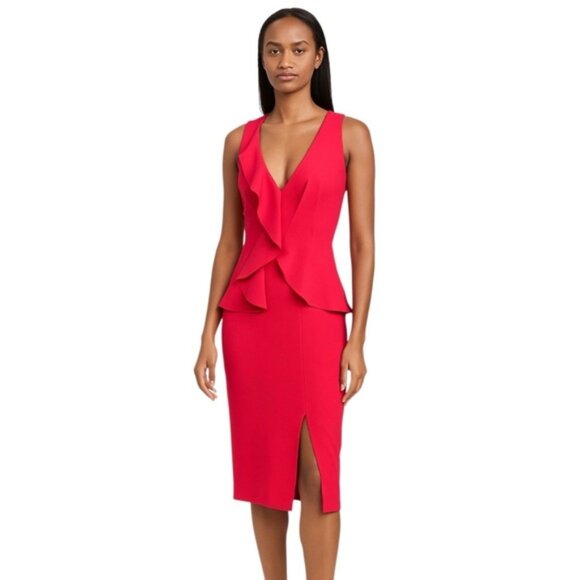 NWT Black Halo Pink Plunged Ruffle Neckline Sheath Dress Dresses